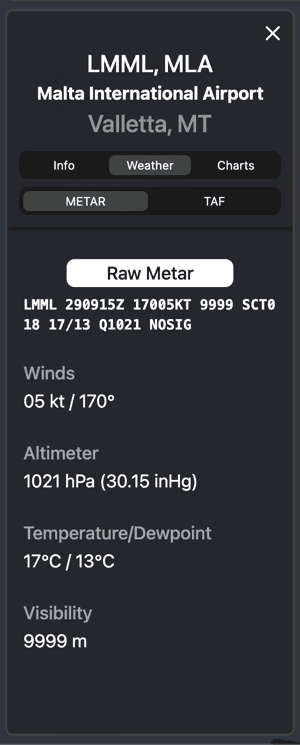 Preview of METAR information in Airport WX.