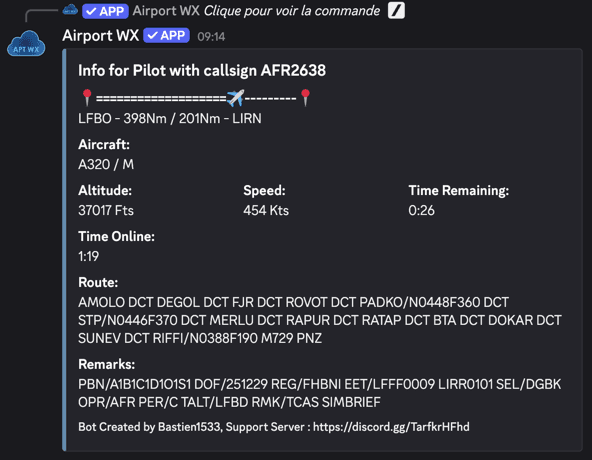 Screenshot of the Airport WX Discord bot showing online IVAO network traffic.