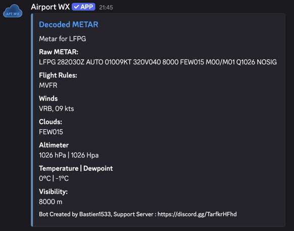 Screenshot of the Airport WX Discord bot showing a METAR report.